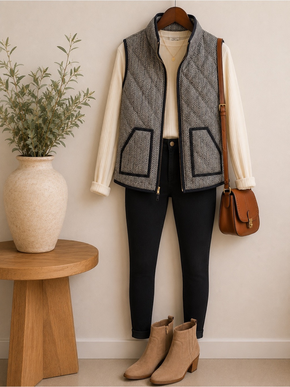 J.Crew Black & Cream Herringbone Quilted Puffer Vest | Zip Front | Medium